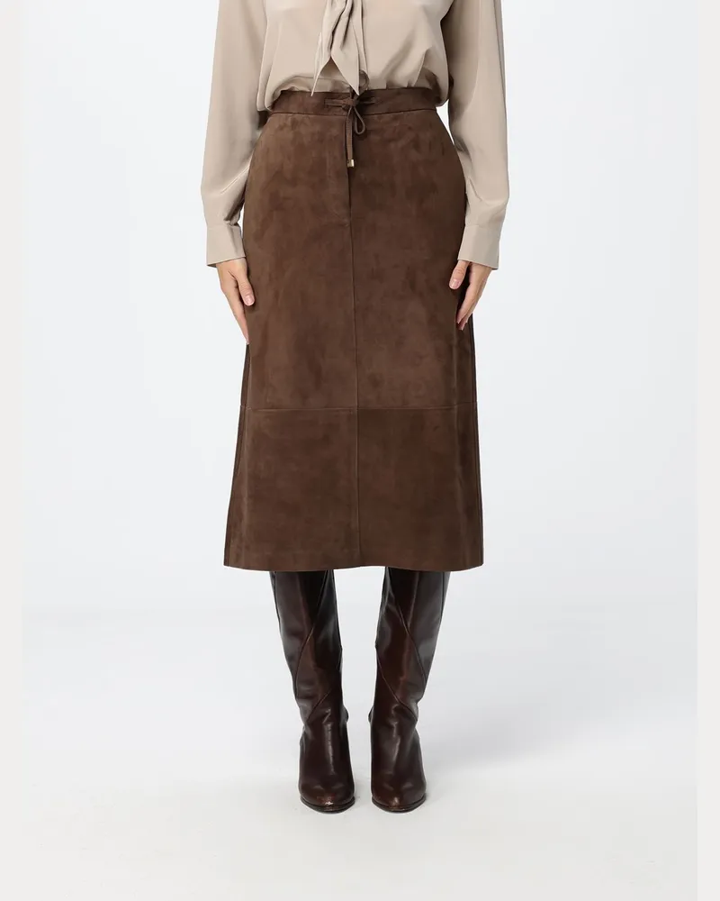 Max Mara A-Linien-Midirock aus Veloursleder mit Kordelzug in der Taille Braun