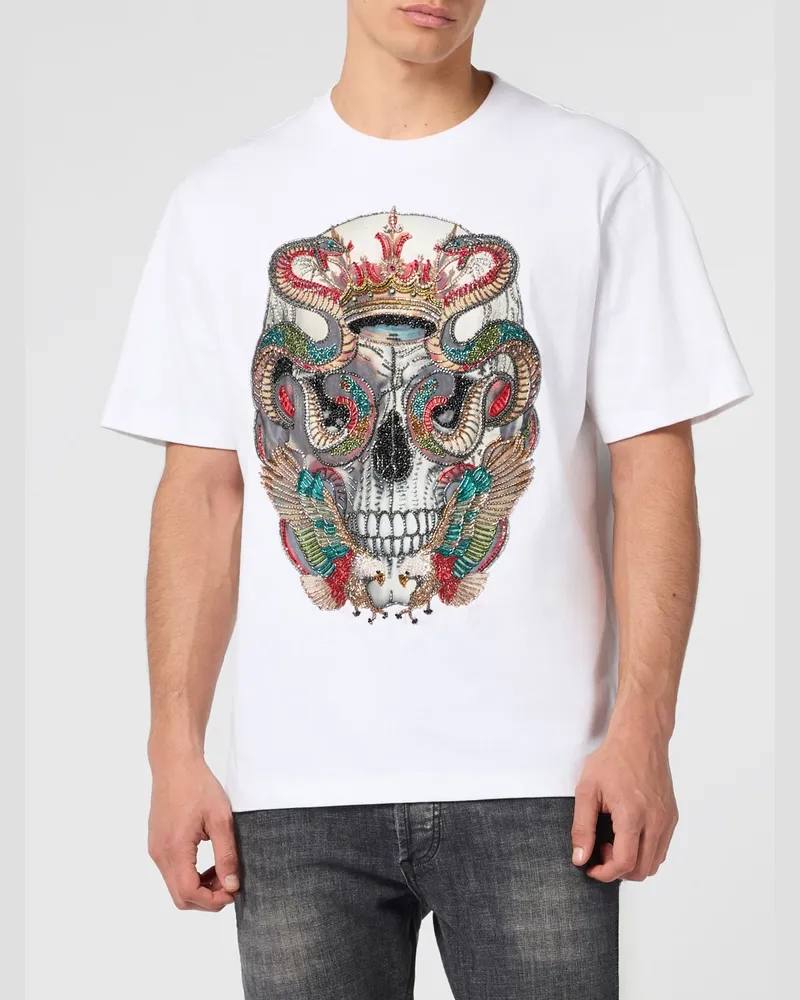Philipp Plein T-Shirt aus Baumwolljersey mit besticktem Totenkopf und Perlen Weiß