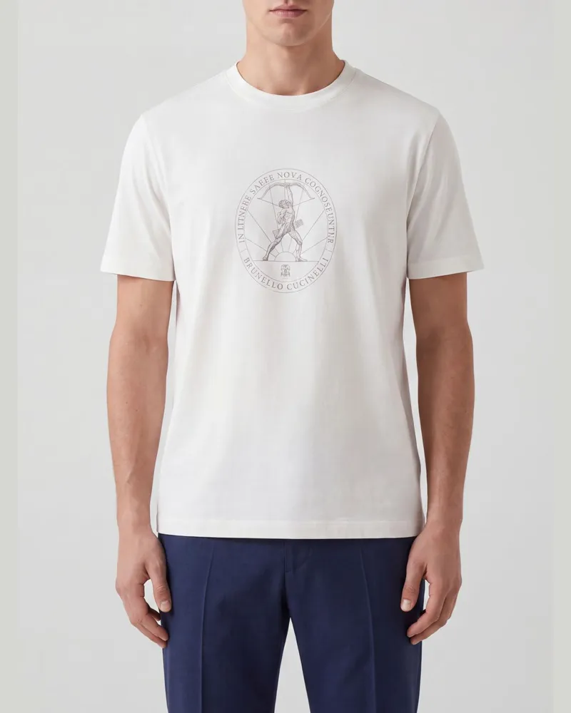 Brunello Cucinelli Rundhals-T-Shirt aus Baumwolle mit grafischem Logo-Print Weiß