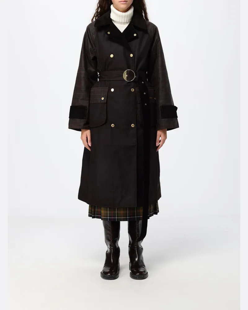 Barbour Langer zweireihiger Trenchcoat aus gewachster Baumwolle mit Samtkragen Grün