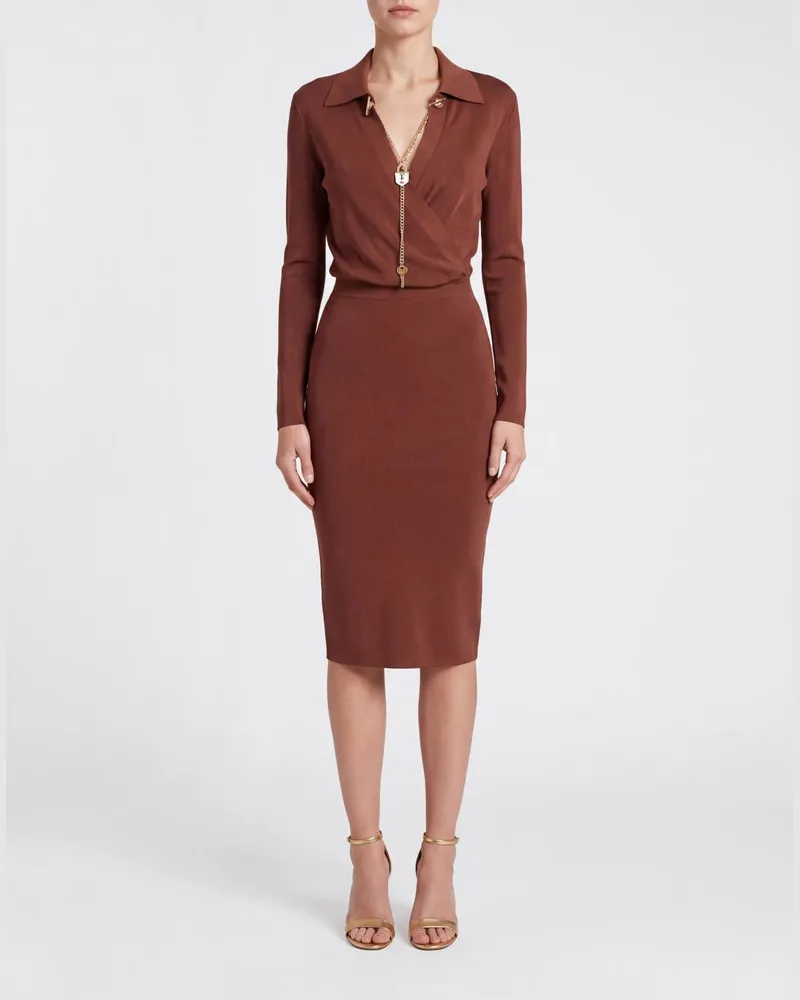 Elisabetta Franchi Midi-Etuikleid von aus Jersey mit V-Ausschnitt und langen Ärmeln Braun