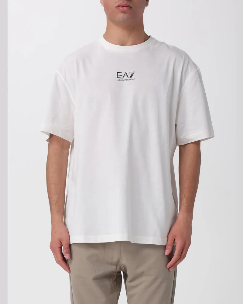 EA7 Bedrucktes Rundhals-T-Shirt aus Baumwolle Beige