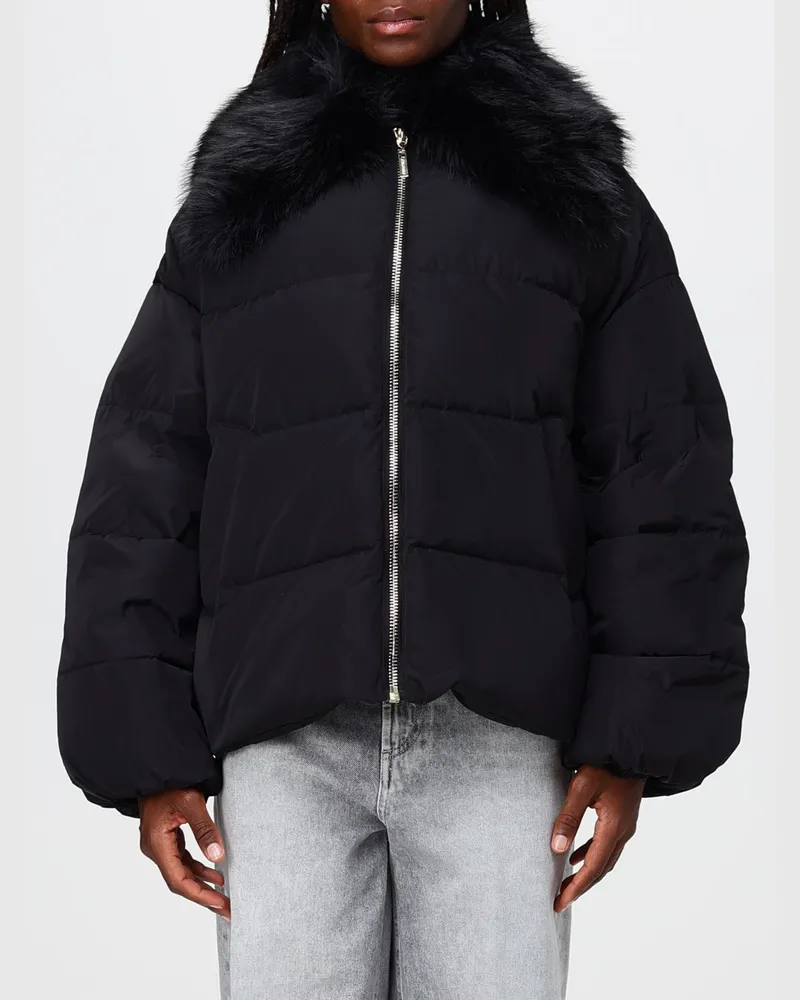 Twin-Set Wasserabweisende kurze Pufferjacke von mit abnehmbarem Webpelzkragen Schwarz
