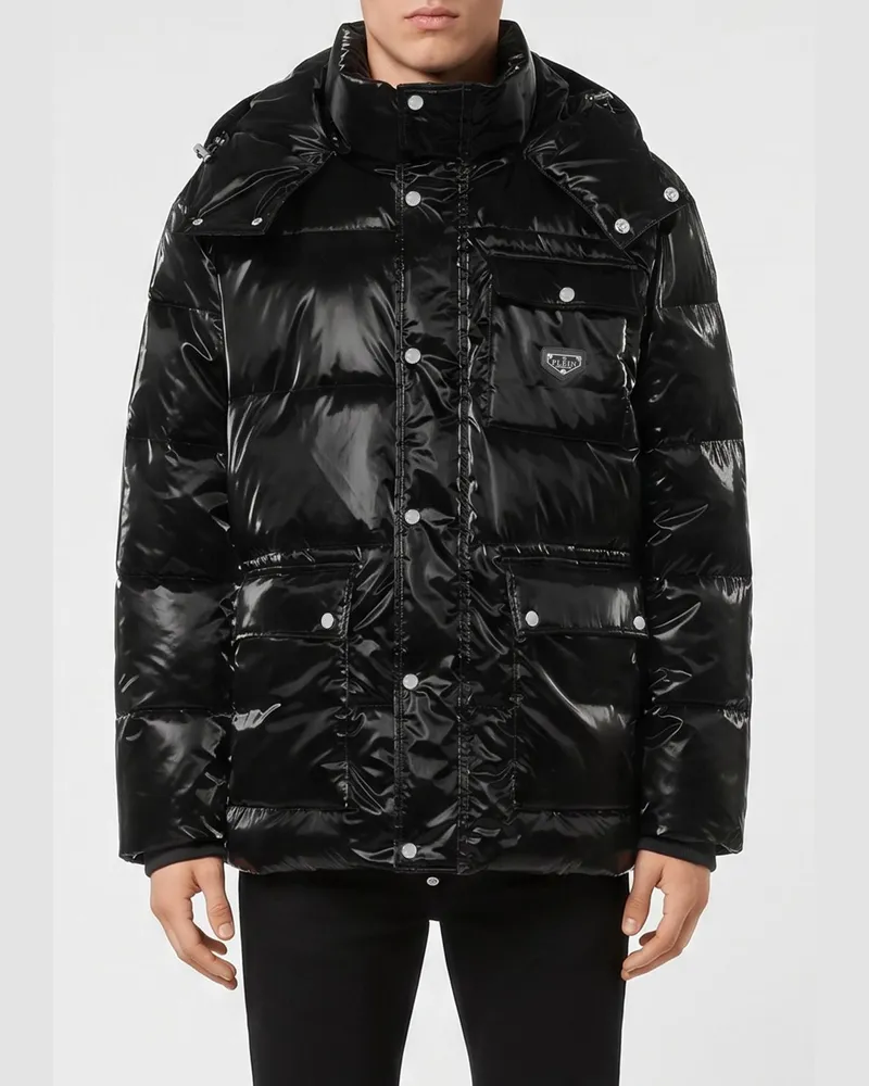 Philipp Plein Daunenjacke mit Kapuze aus gestepptem Nylon mit aufgesetzten Taschen und Logo Schwarz