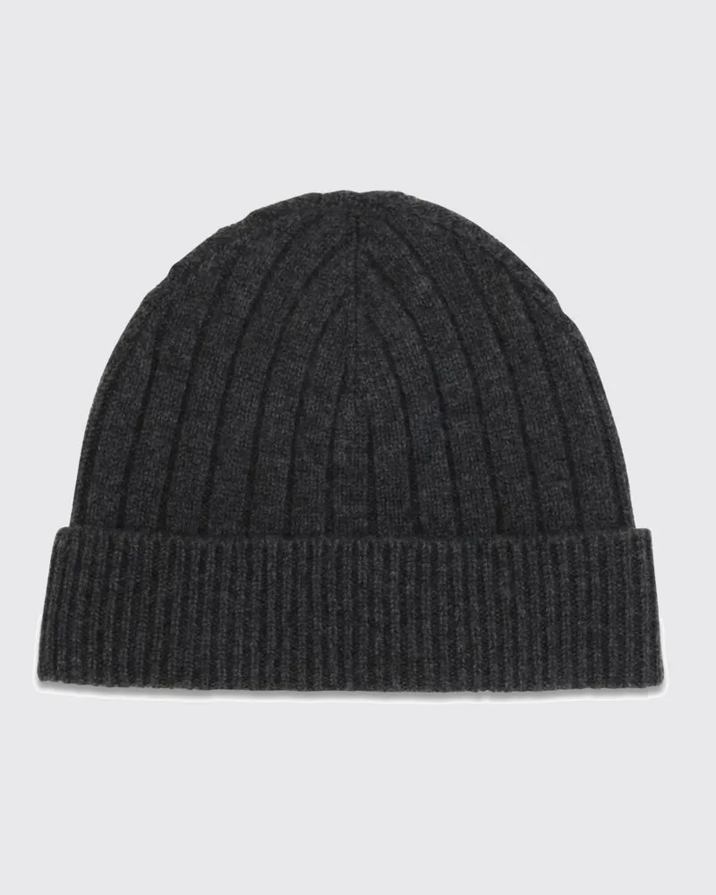Kiton Gerippte Beanie aus Merinowolle mit Jacquard-Logo und Umschlag Grau