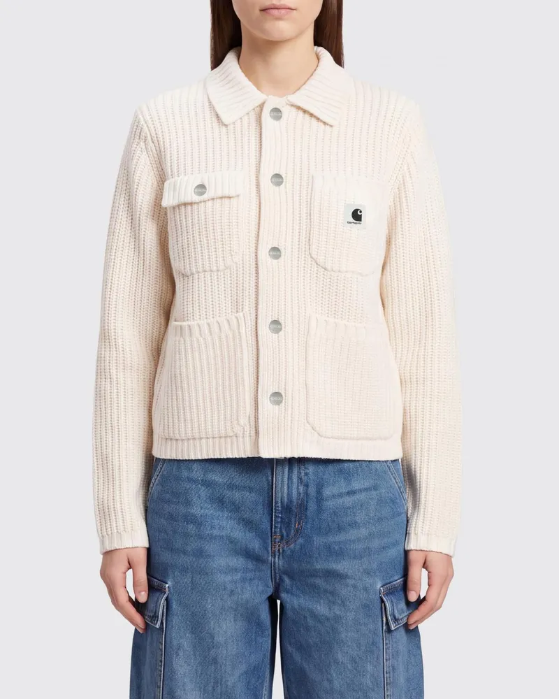Carhartt WIP Gerippter Cardigan aus Wollmischung mit aufgesetzten Taschen und Logo Natural