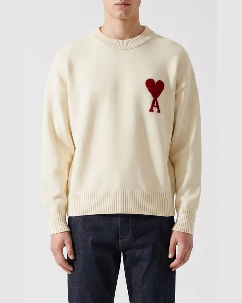 AMI Paris Rollkragenpullover aus Wolle mit Jacquard-Logo und überschnittenen Schultern Ecru