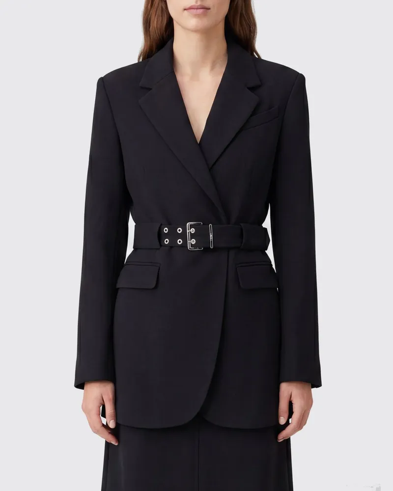 Ganni Kurzer einreihiger Polyester-Blazer mit Taillengürtel Schwarz