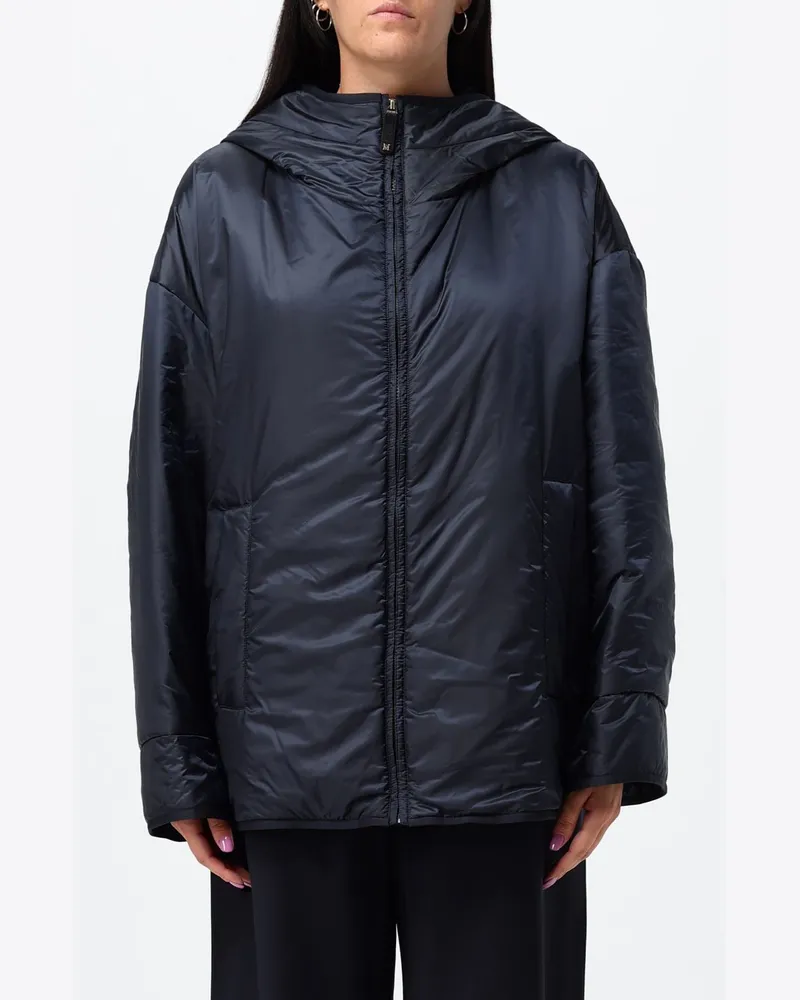 Max Mara wasserdichte, kurze Daunenjacke mit Kapuze und Reißverschluss Blau