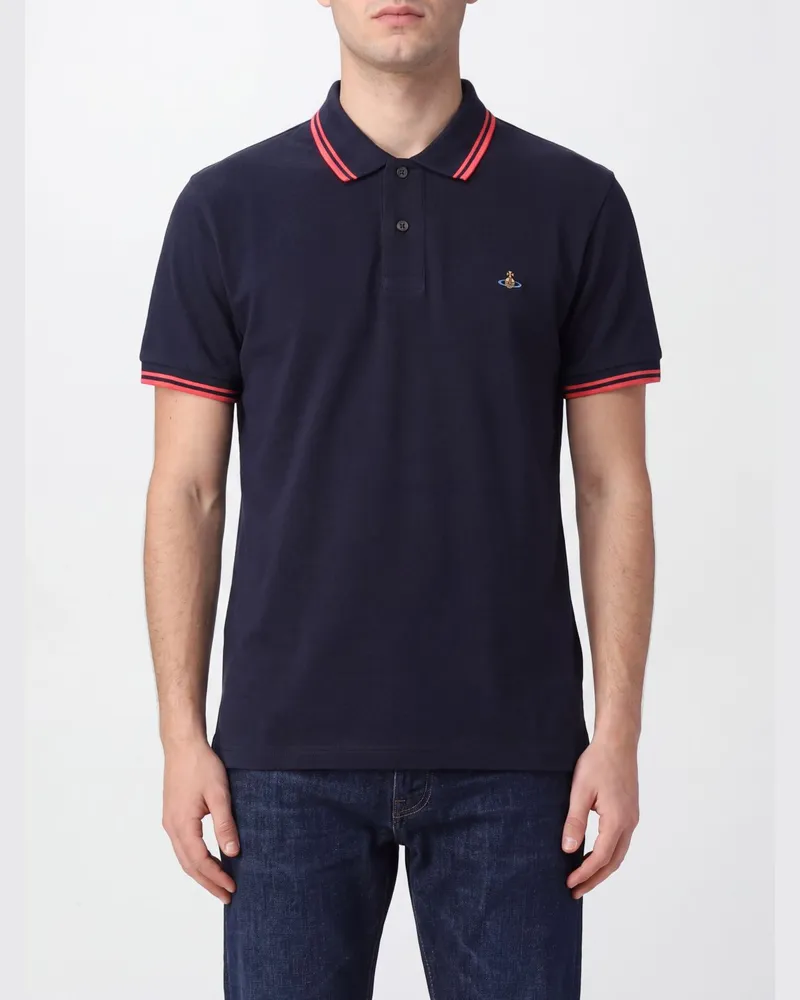 Vivienne Westwood Baumwoll-Polohemd mit Orb-Logo und Kontraststreifen Blau