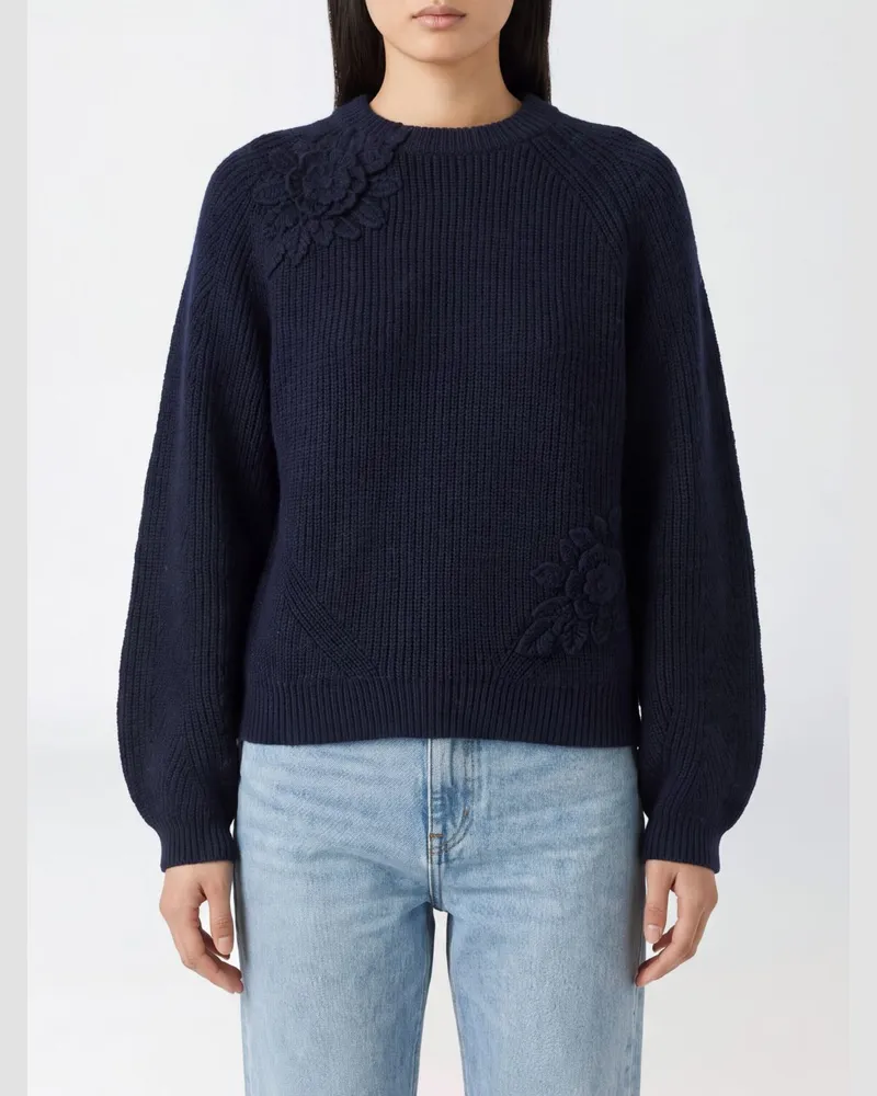 Twin-Set Pullover mit Rundhalsausschnitt aus Wollmischung und floraler Stickapplikation Blau