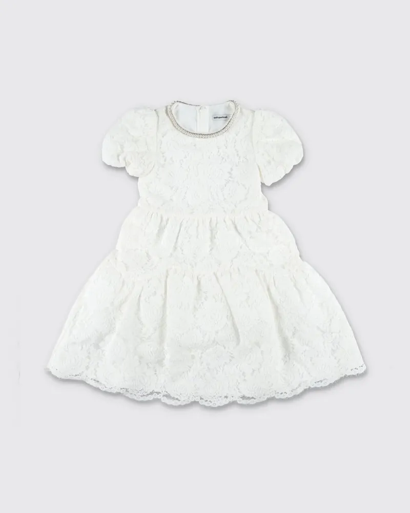 Self-Portrait Kurzes Spitzenkleid für Mädchen mit Schmuckkragen und Puffärmeln Weiß