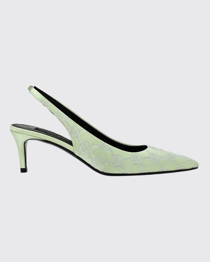 Philipp Plein Satin-Slingback-Pumps mit Hexagon-Logo und mittlerem Absatz Grün