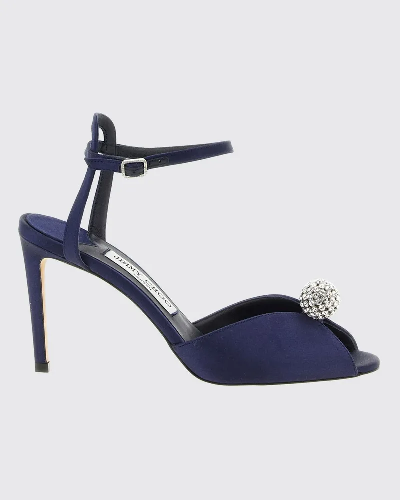 Jimmy Choo Sacora Sandalen aus Satin mit Kristallverzierung und hohem Stiletto-Absatz Navy