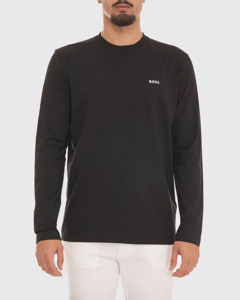 HUGO BOSS Langärmeliges Baumwoll-T-Shirt mit Rundhalsausschnitt und kontrastierendem Logo Schwarz