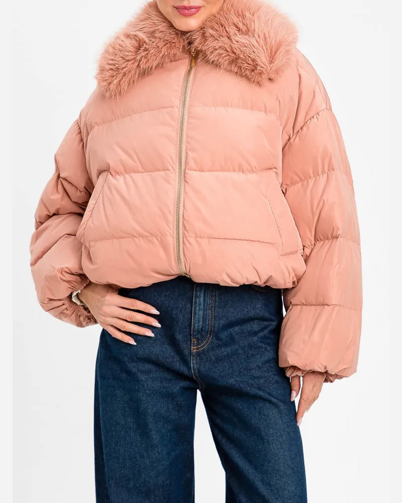 Twin-Set Wasserabweisende kurze Pufferjacke von mit abnehmbarem Webpelzkragen Pink