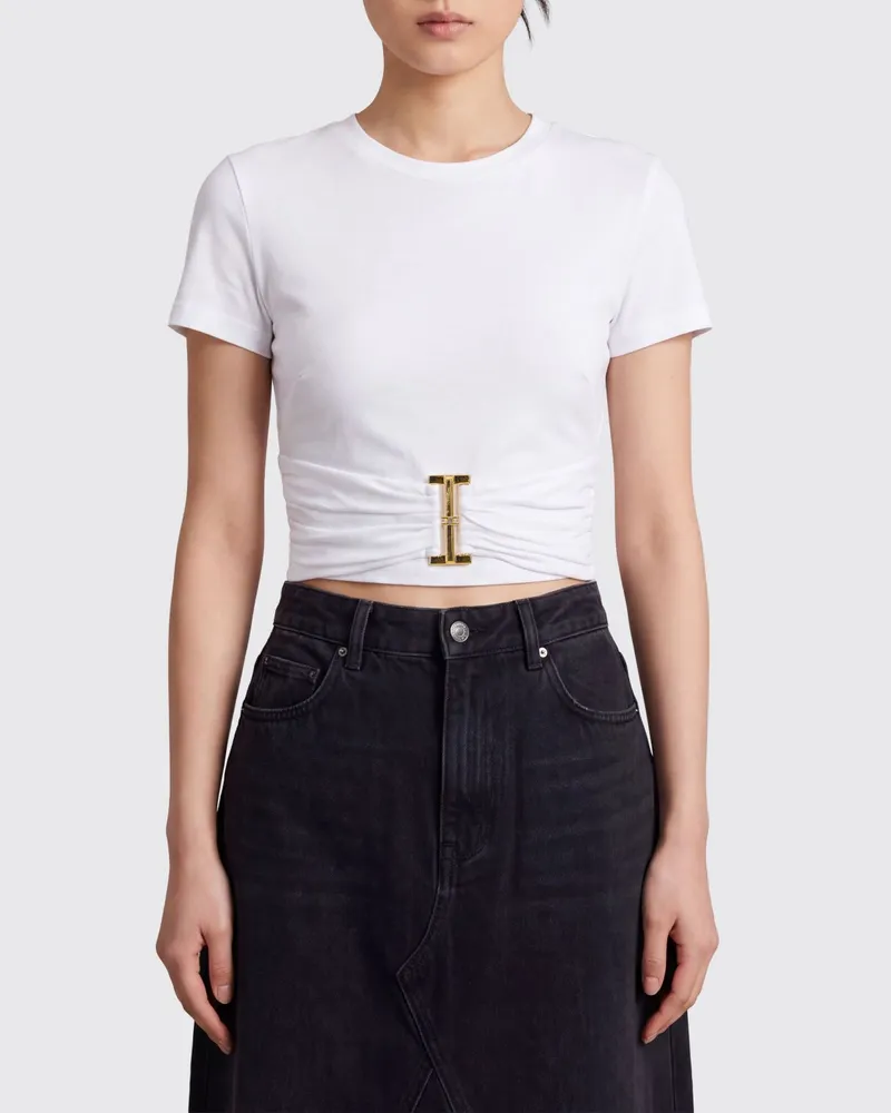Elisabetta Franchi Gecropptes Baumwoll-T-Shirt von mit Logo-Plakette aus Metall Weiß