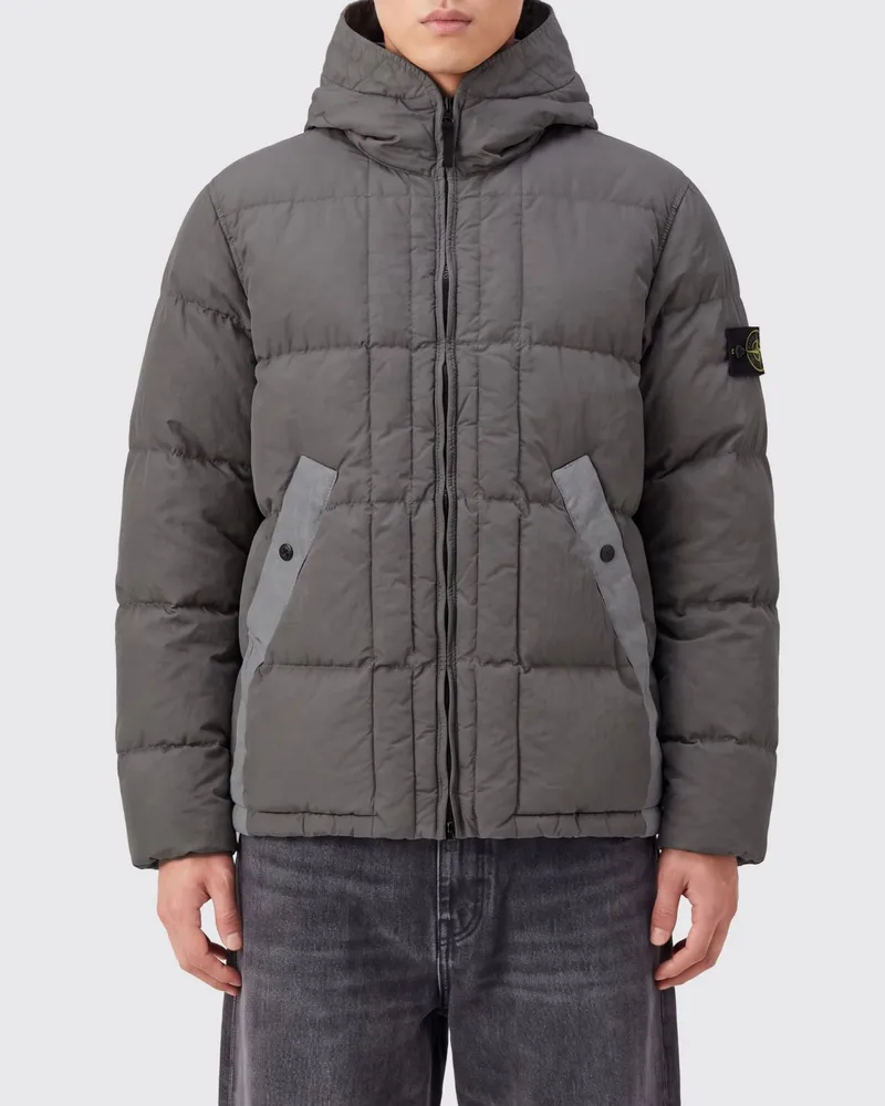 Stone Island Kurze Daunenjacke aus recyceltem Nylon mit Kapuze und Compass-Logo Grau