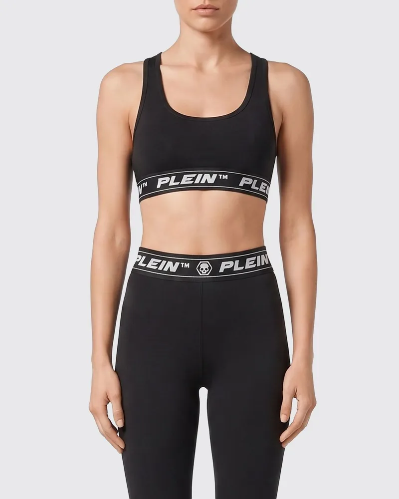 Philipp Plein Gekürztes Jersey-Top mit quadratischem Ausschnitt und Jacquard-Logo Schwarz