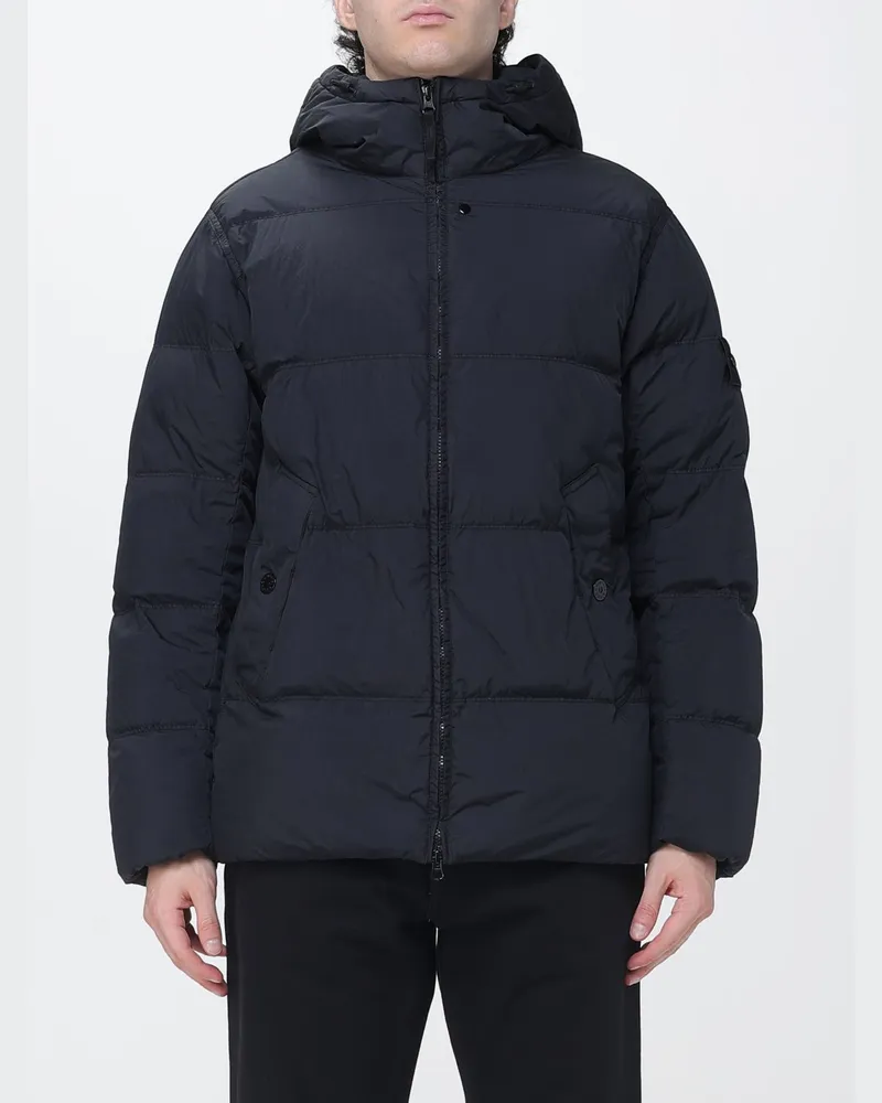 Stone Island wasserdichte Nylon-Daunenjacke mit Kapuze und Compass-Logo Navy