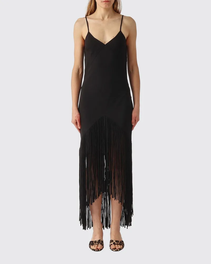 Pinko Midi-Kleid aus Viskosemischgewebe mit Fransen Schwarz
