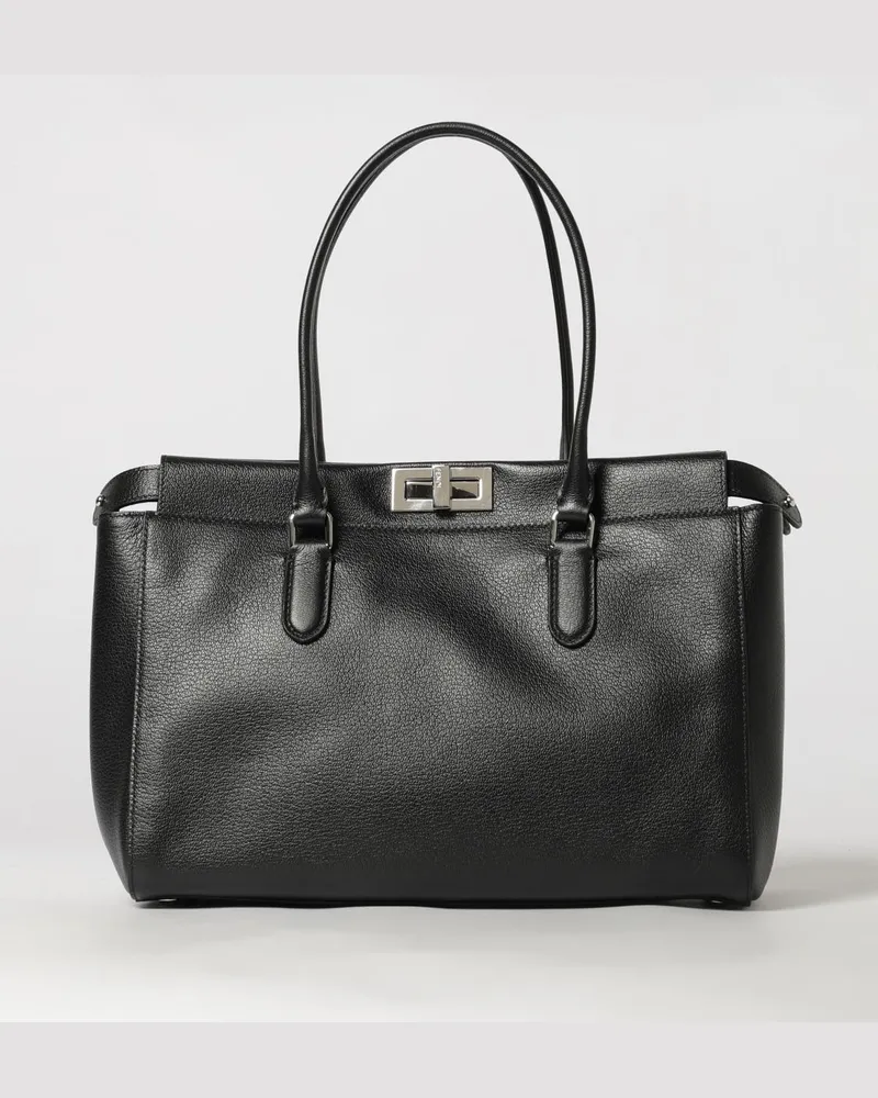 Fendi Peekaboo Schultertasche aus Kalbsleder mit doppeltem Henkel und Drehverschluss Schwarz