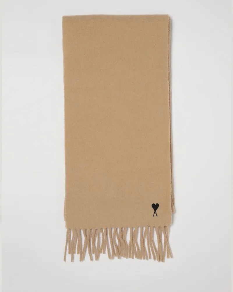 AMI Paris Schal aus reiner Wolle mit gesticktem Logo und Fransenrändern Beige