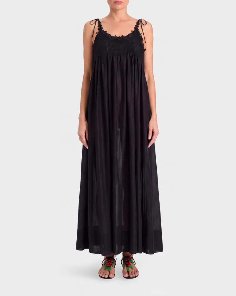 Twin-Set Langes A-Linien-Kleid aus Baumwolle mit Spitzeneinsätzen Schwarz