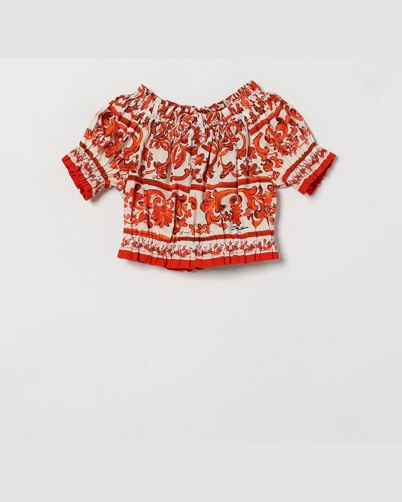 Dolce & Gabbana DOLCE  GABBANA Dolce & Gabbana Mädchen-Top aus Baumwolle mit Majolika-Print und Puffärmeln Rot
