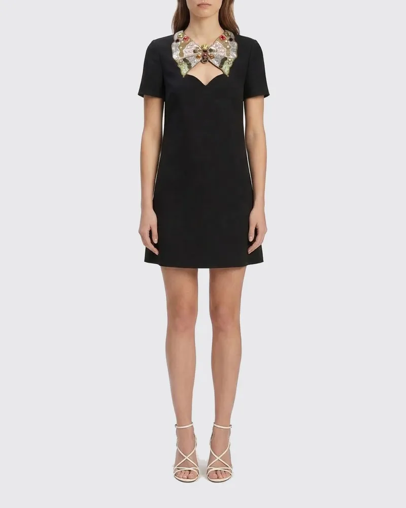 Valentino Garavani Mini-Kleid aus Schurwolle und Seide mit Strasssteinen Schwarz