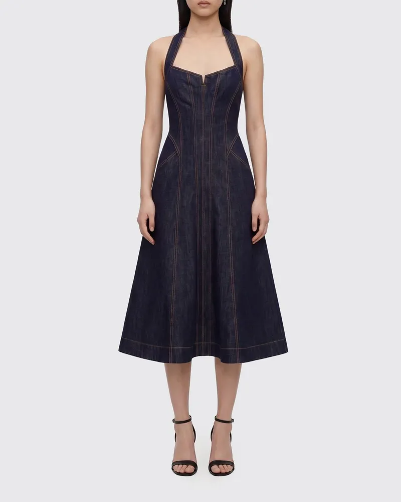 Self-Portrait A-Linien-Midi-Kleid aus Denim mit Neckholder und schulterfreiem Design Schwarz