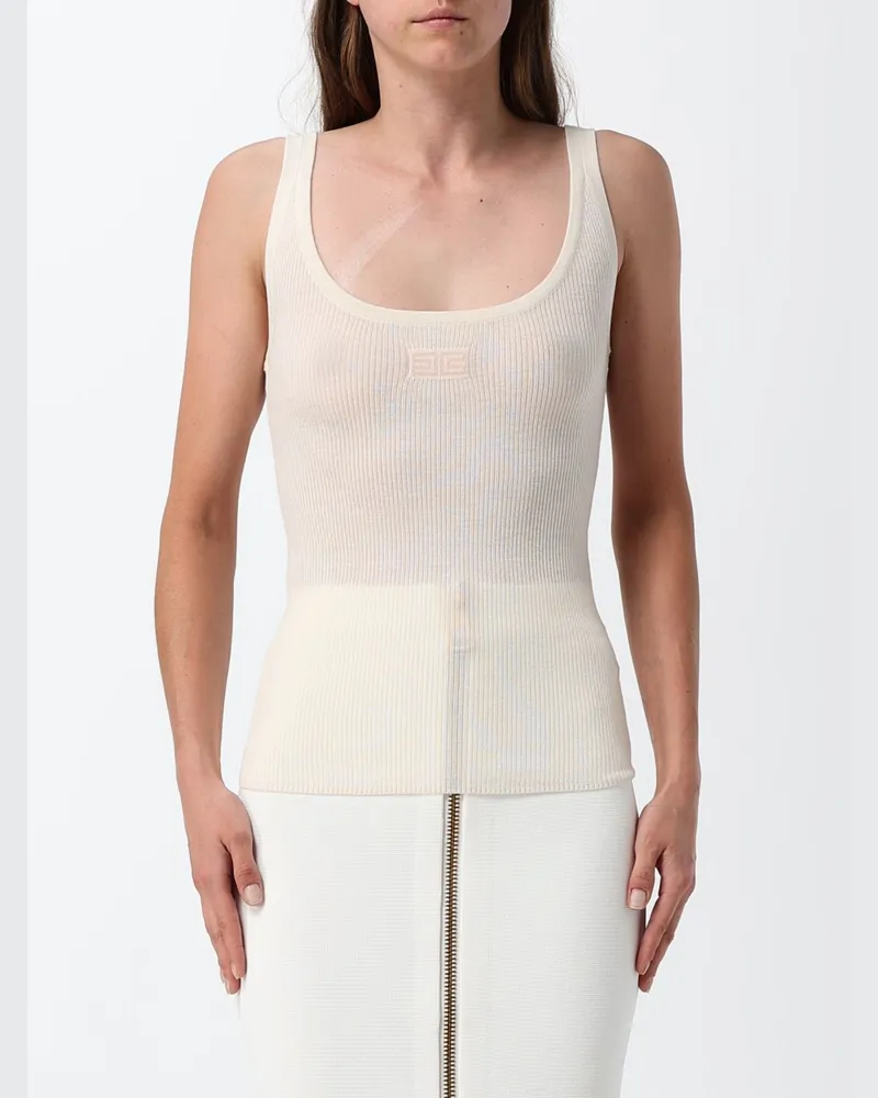 Elisabetta Franchi Schmal geschnittenes Wollstrick-Top von mit gesticktem Logo Weiß