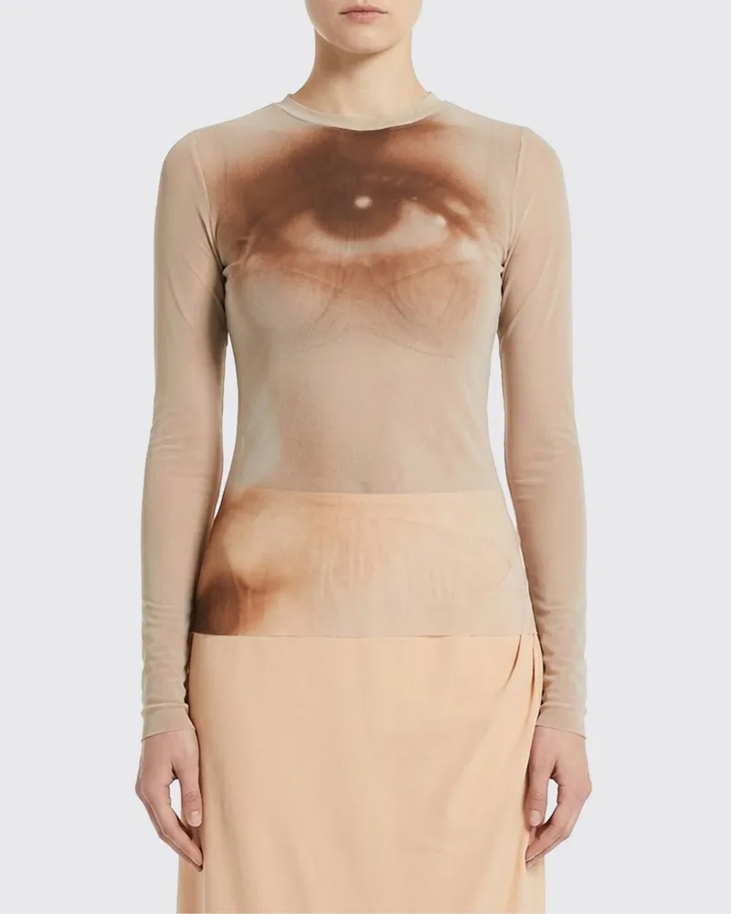 Jean Paul Gaultier Langärmeliges, schmal geschnittenes Top aus Nylon mit Grafikdruck Beige