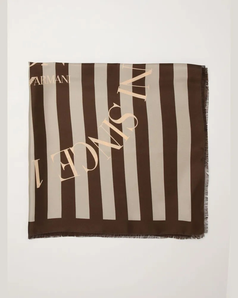 Emporio Armani Gestreifter Seidenschal mit Logo-Print und Fransenrändern Braun