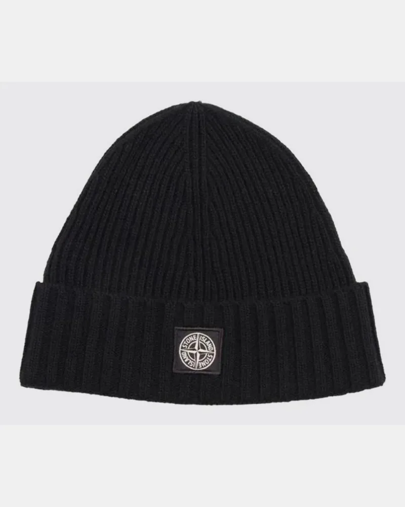 Stone Island Gerippte Beanie-Mütze aus Schurwolle für Jungen mit Kompass-Logo Schwarz