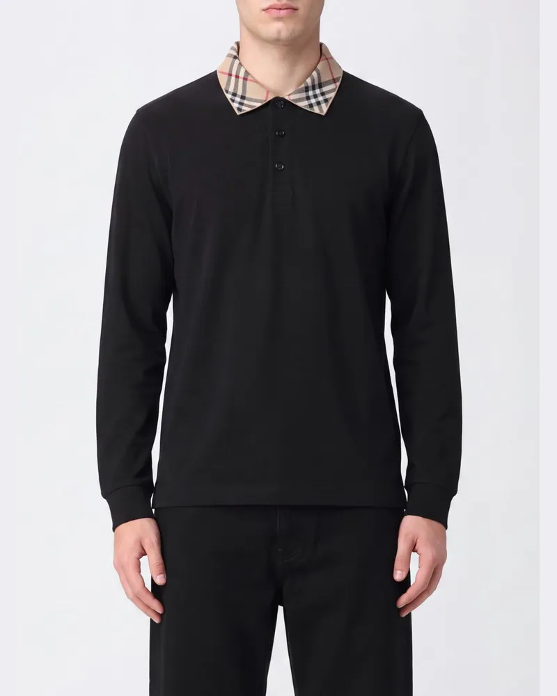Burberry Langärmeliges Baumwoll-Polo von mit Kragen im Check-Muster Schwarz