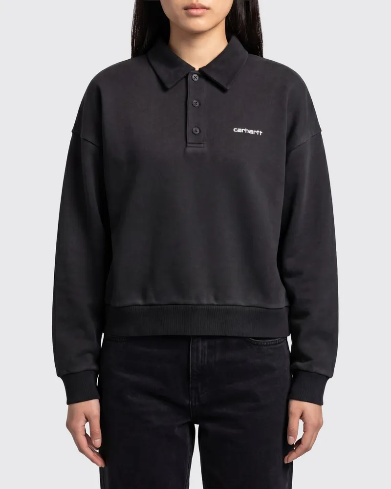 Carhartt WIP Langarm-Poloshirt aus Baumwoll-Sweatstoff mit Kontrastlogo Schwarz