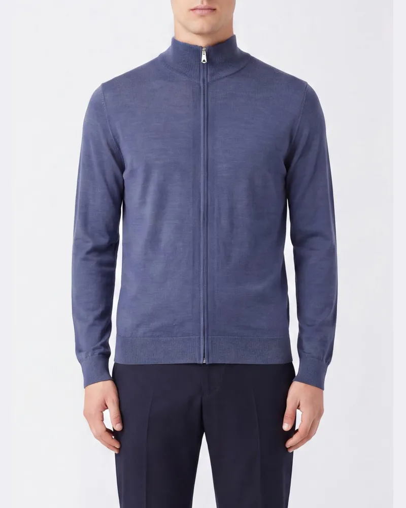 Paul Smith Slim Fit Strickjacke aus Merinowolle mit Rollkragen und Reißverschluss Blau