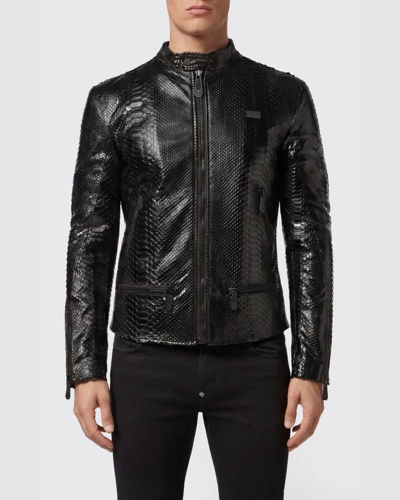 Philipp Plein Leder-Bikerjacke mit Python-Print-Einsätzen und Reißverschluss Schwarz