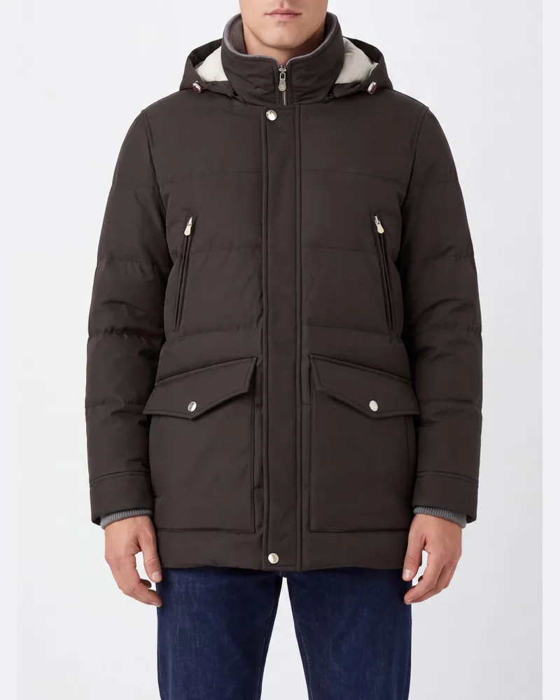 Brunello Cucinelli Wasserabweisender Nylon-Parka mit abnehmbarer Kapuze Braun