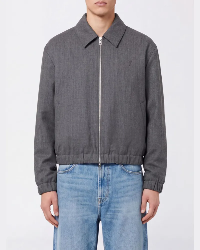 AMI Paris Hemdjacke aus Wolle mit Reißverschluss und elastischem Saum Grau