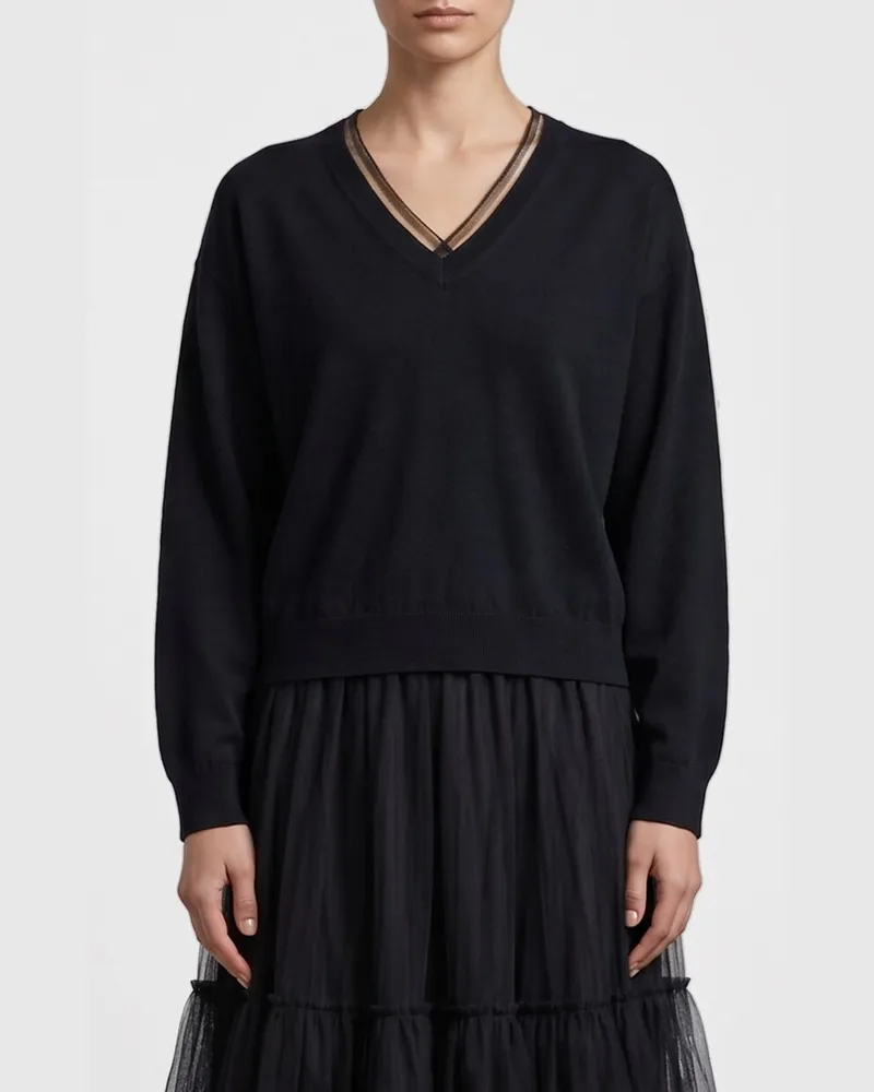 Fabiana Filippi Langärmeliger V-Ausschnitt-Pullover von aus Wolle und Baumwolle Schwarz