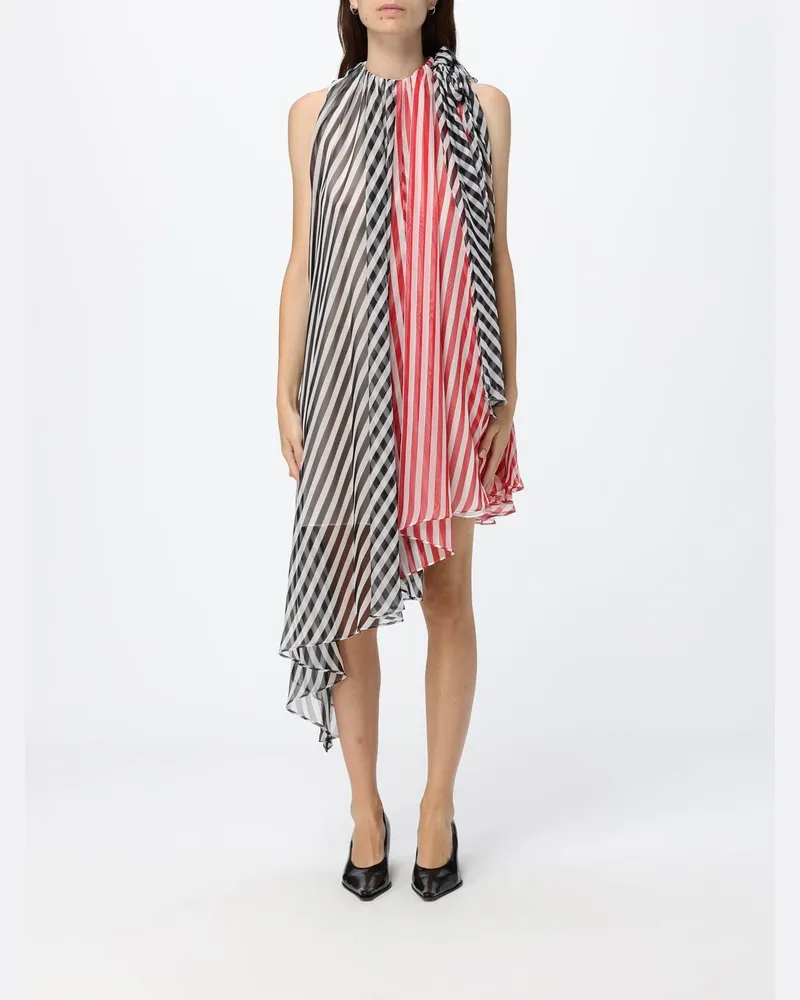 MSGM Asymmetrisches gestreiftes Krepp-Midikleid mit Neckholder Schwarz