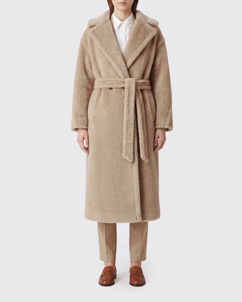 Max Mara Langer Bademantel-Mantel von aus Alpaka und Wolle mit Bindegürtel Beige