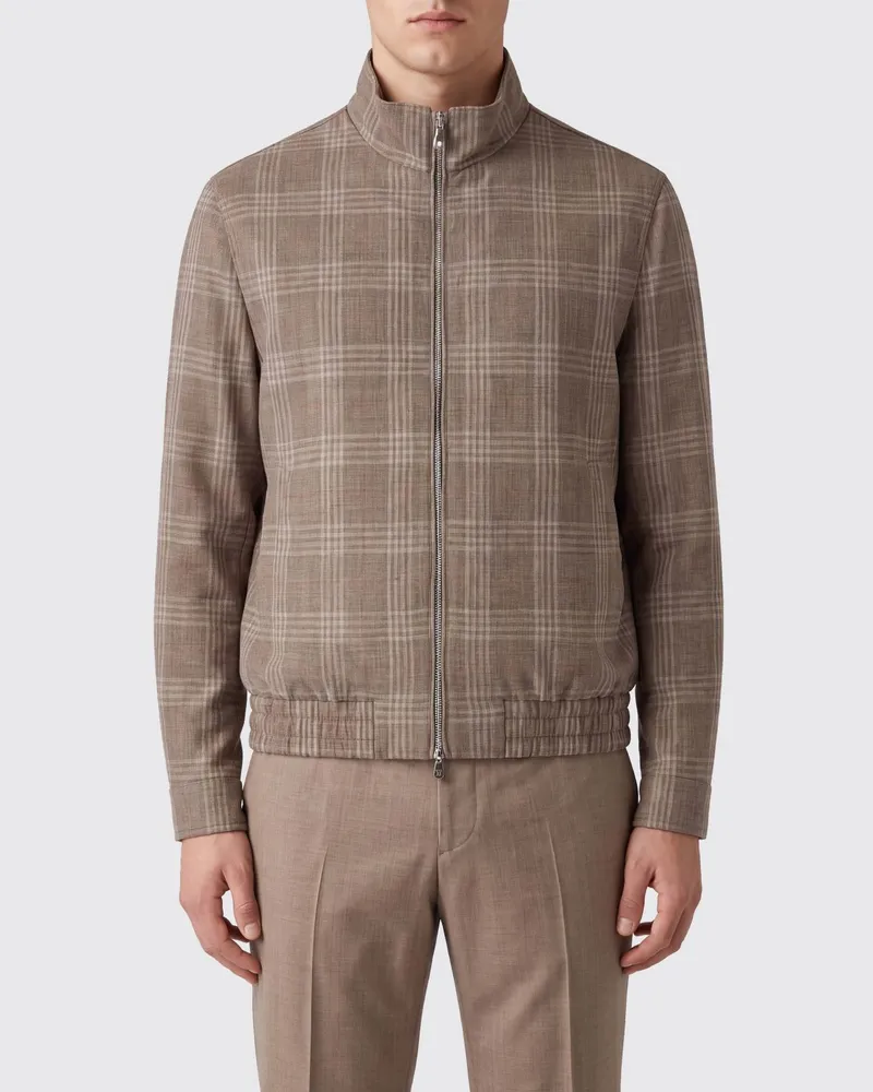 Brunello Cucinelli Bomberjacke aus Wolle und Seide von mit Tartan-Karomuster Braun