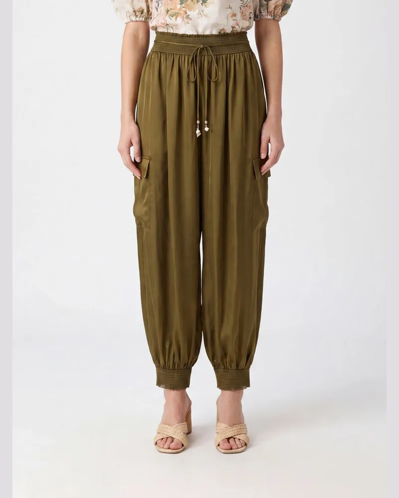 Zimmermann Weit geschnittene Cargo-Hose aus Seide mit hoher Taille und Kordelzug Grün