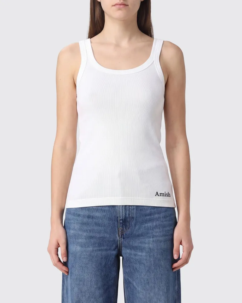 Amish Slim-Fit-Tanktop aus Baumwolle mit U-Ausschnitt und dünnen Trägern Weiß