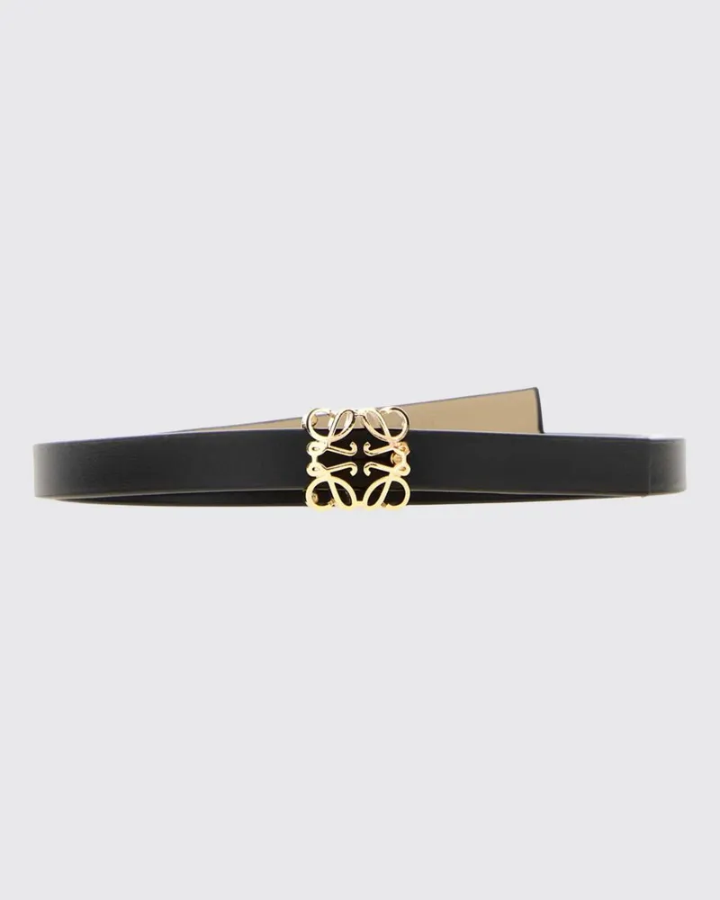 Loewe Schmaler Anagram-Gürtel von aus Kalbsleder mit goldener Monogramm-Schnalle Schwarz