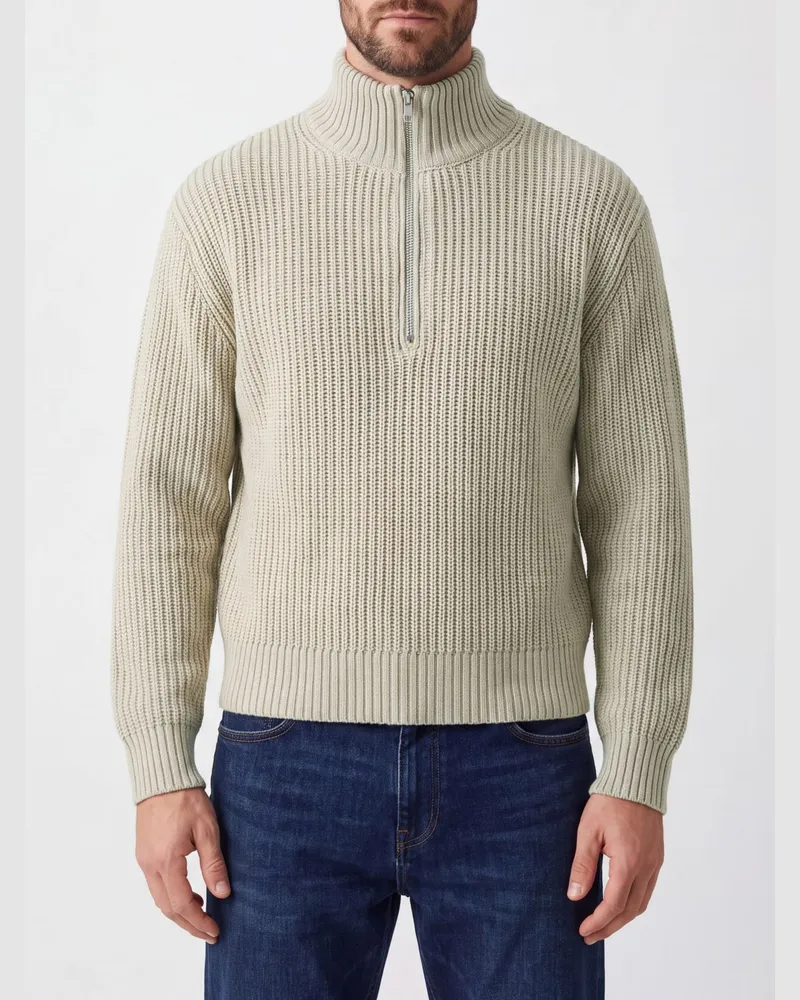 Camper Gerippter Wollmischpullover mit hohem Kragen und halbem Reißverschluss Grau