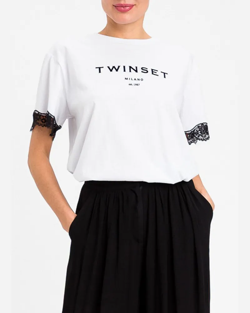 Twin-Set T-Shirt von aus Baumwolle mit Spitzeneinsätzen und Kontrastlogo Weiß